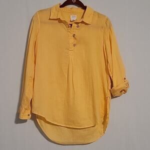 Sigrid Olsen linen long roll tab sleeve tunic top sz S yellow lagenlook coastal